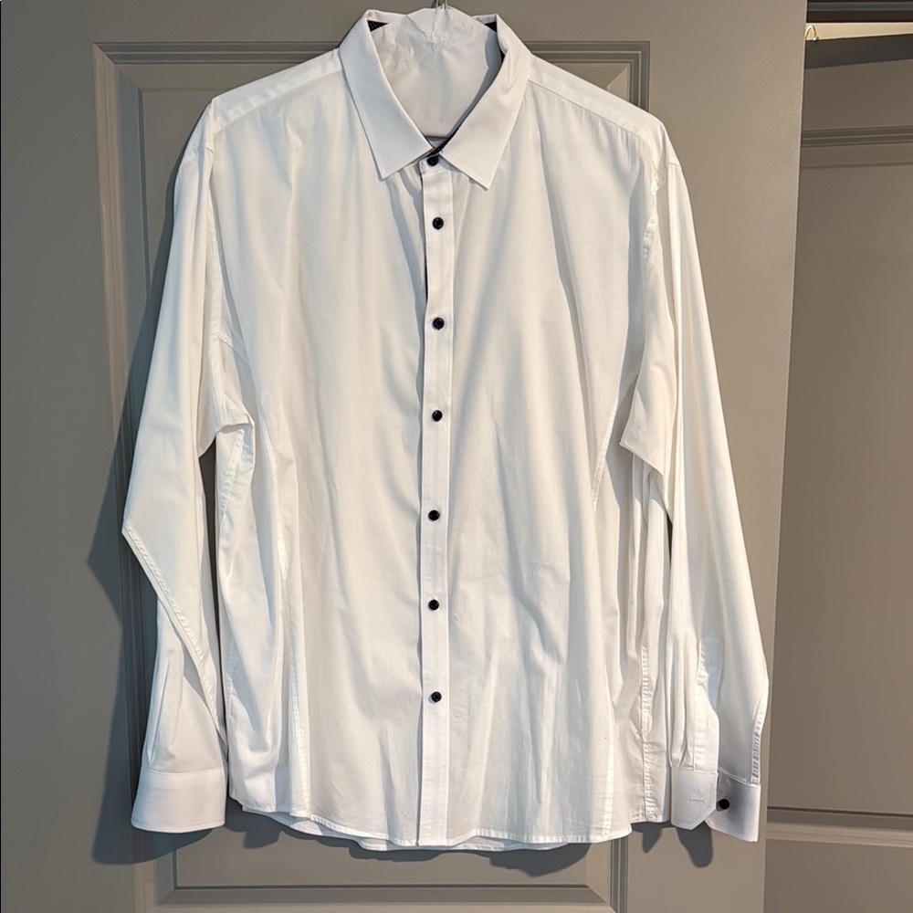 Men's White Dress Shirt with Navy buttons and trim